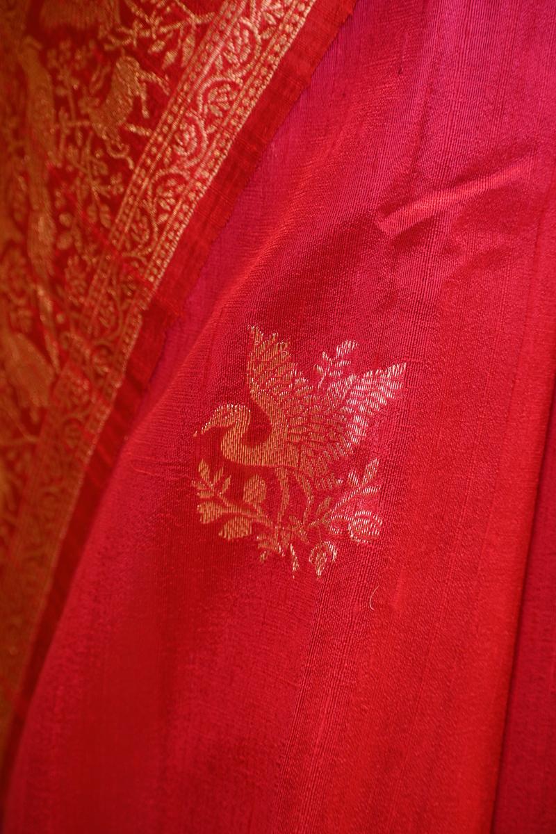 Red Banarasi Raw Silk Saree with Birds And Animal Designs