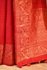 Red Banarasi Raw Silk Saree with Birds And Animal Designs
