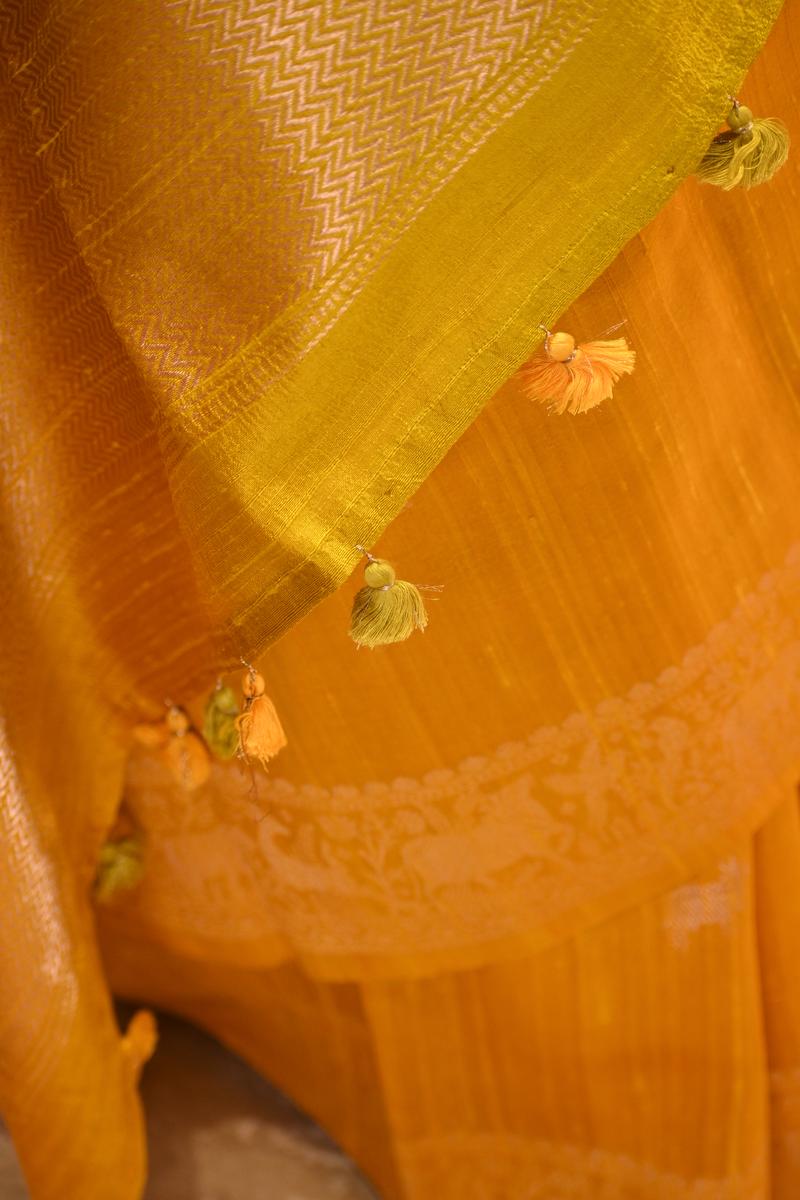 Yellow Banarasi Raw Silk Saree with Pichwai Cow Designs