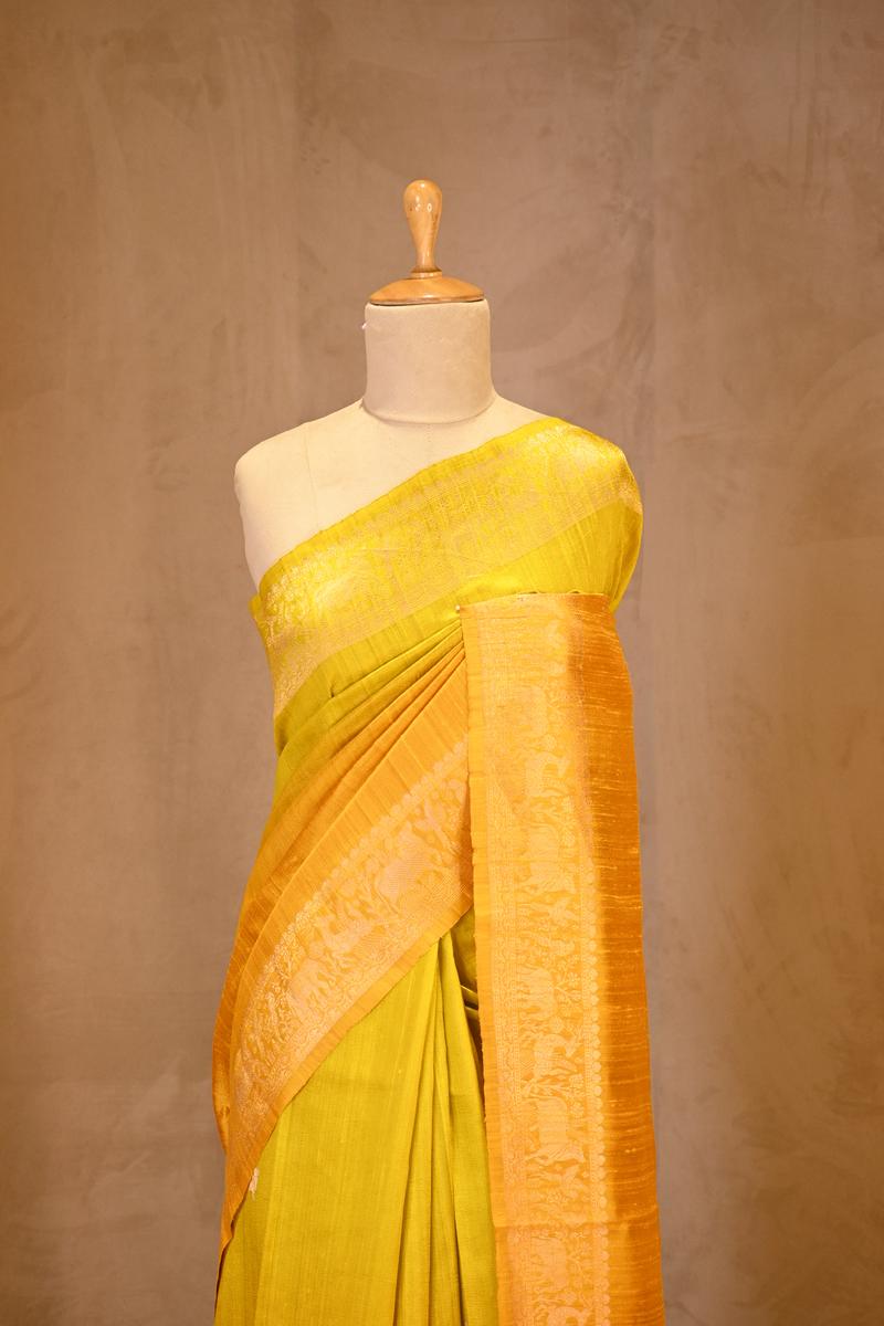 Yellow Banarasi Raw Silk Saree with Pichwai Cow Designs