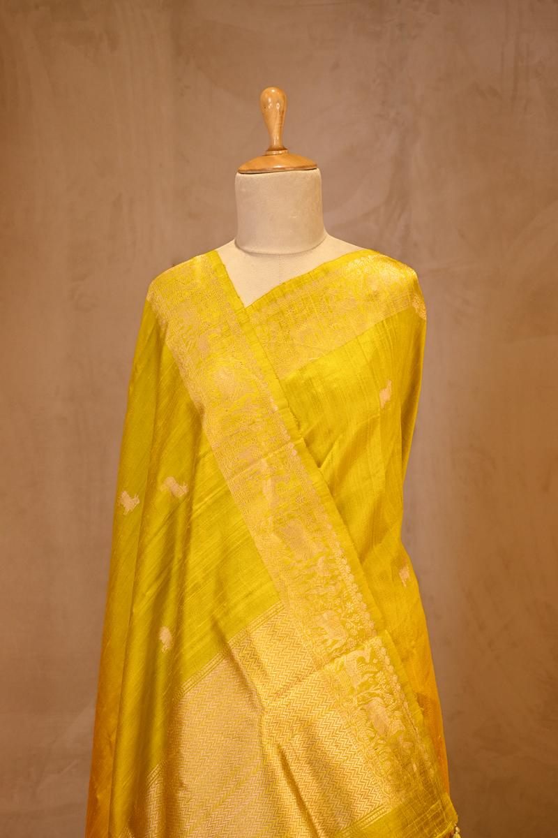 Yellow Banarasi Raw Silk Saree with Pichwai Cow Designs