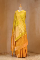 Yellow Banarasi Raw Silk Saree with Pichwai Cow Designs
