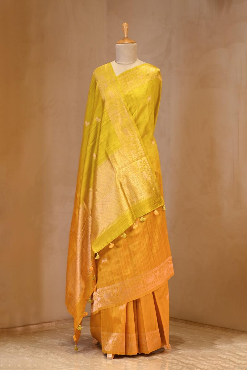 Yellow Banarasi Raw Silk Saree with Pichwai Cow Designs