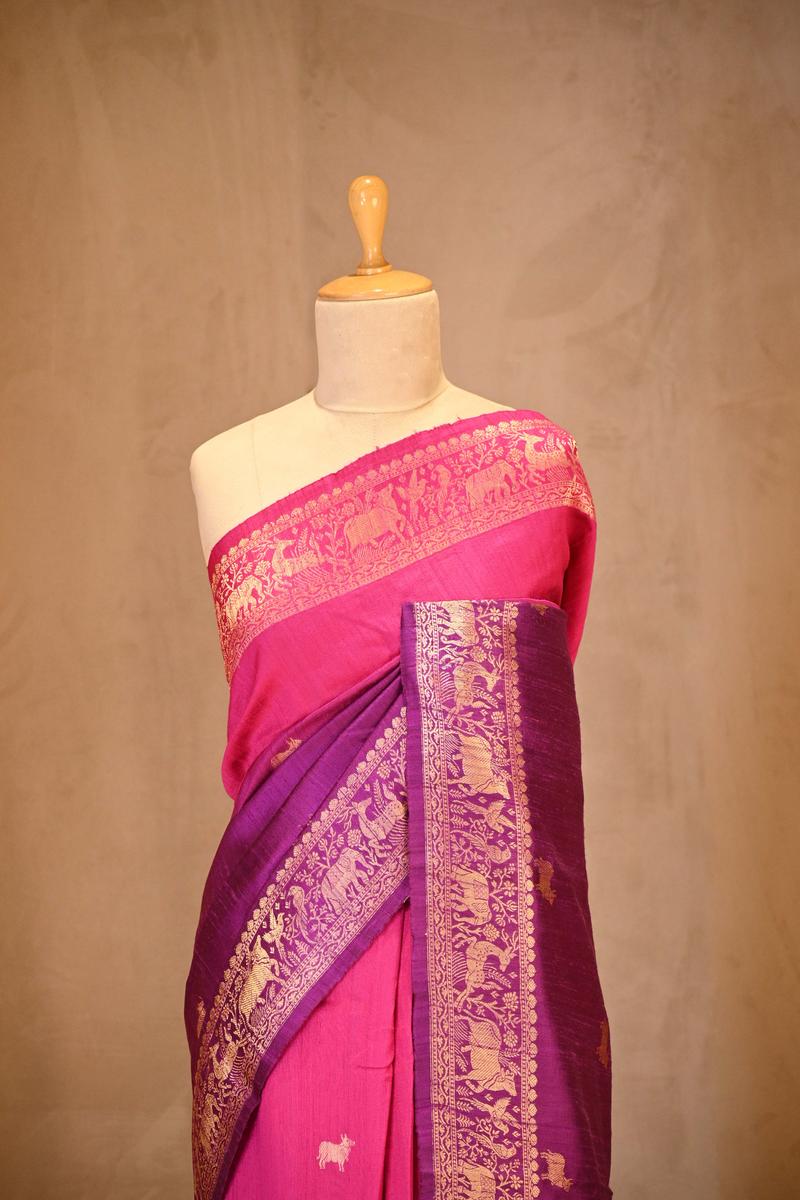 Purple Banarasi Raw Silk Saree with Pichwai Cow Designs