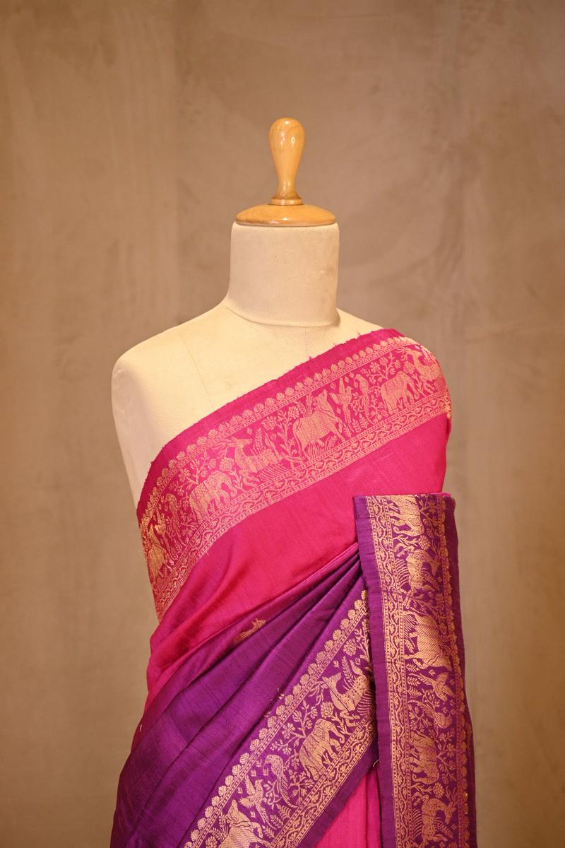 Purple Banarasi Raw Silk Saree with Pichwai Cow Designs
