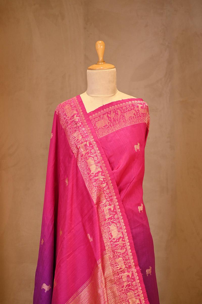 Purple Banarasi Raw Silk Saree with Pichwai Cow Designs