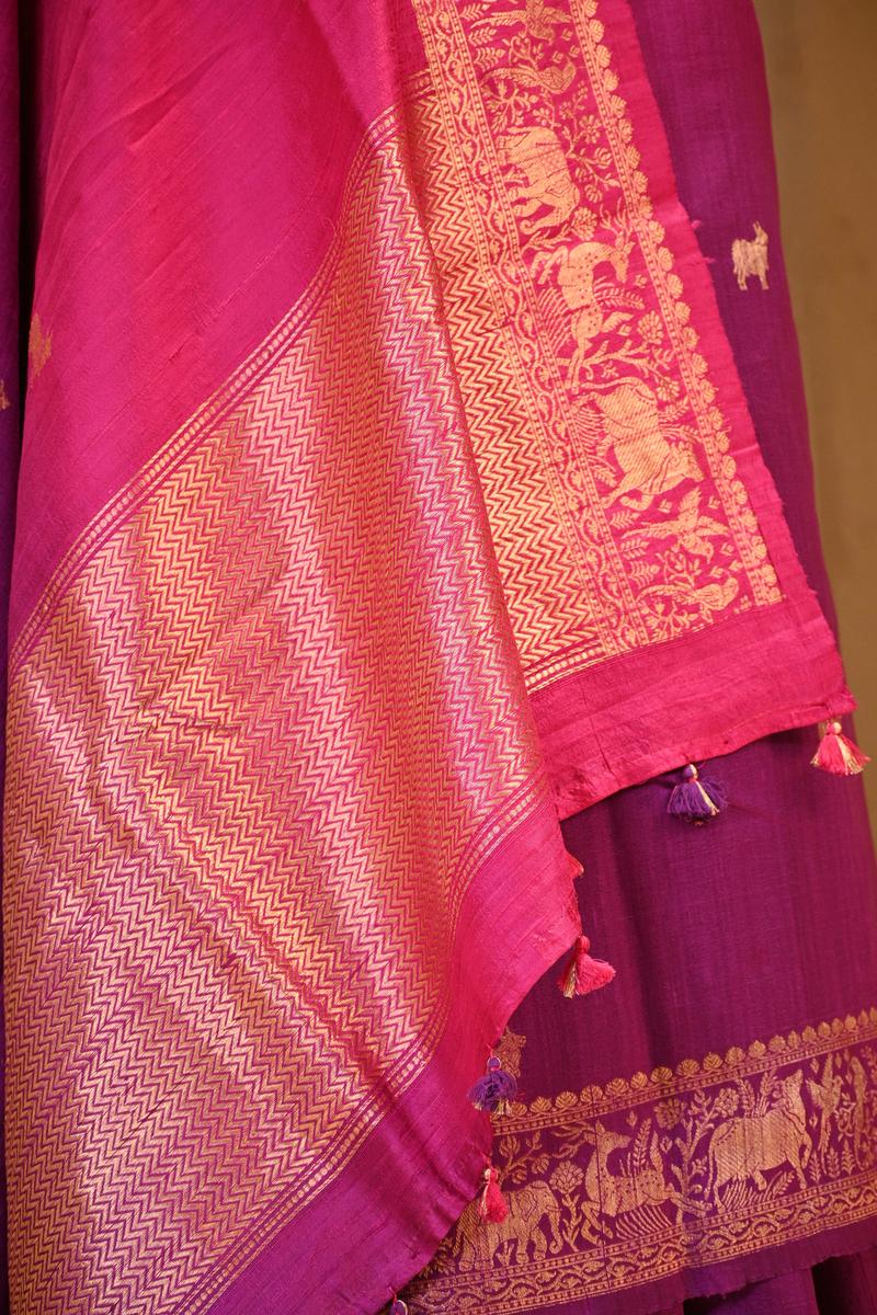 Purple Banarasi Raw Silk Saree with Pichwai Cow Designs