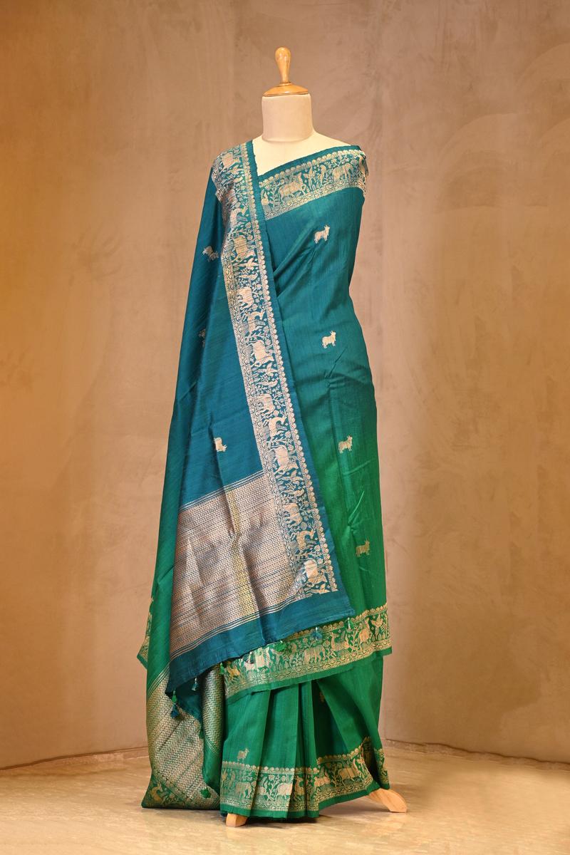 Green Banarasi Raw Silk Saree with Pichwai Cow Designs