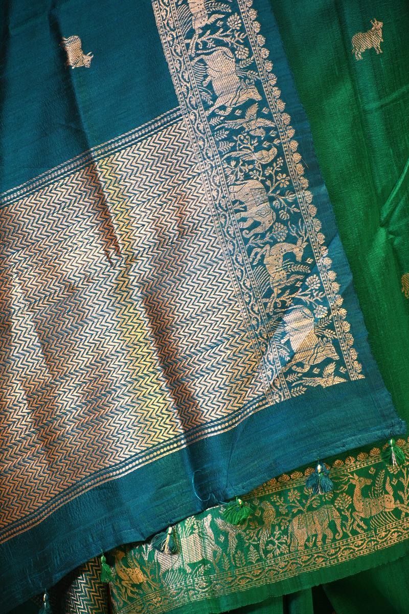 Green Banarasi Raw Silk Saree with Pichwai Cow Designs