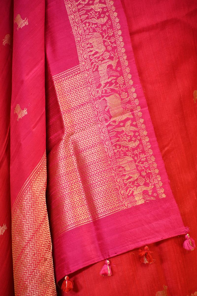 Red Banarasi Raw Silk Saree with Pichwai Cow Designs