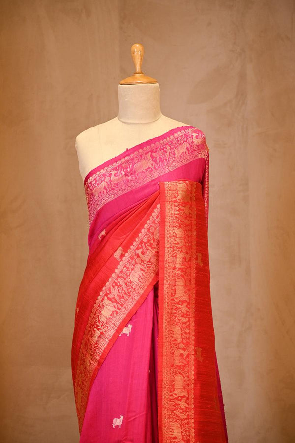 Red Banarasi Raw Silk Saree with Pichwai Cow Designs