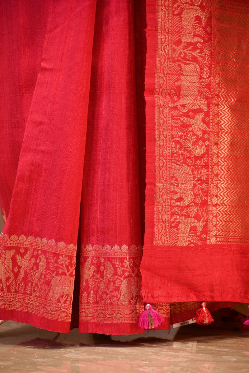 Red Banarasi Raw Silk Saree with Pichwai Cow Designs