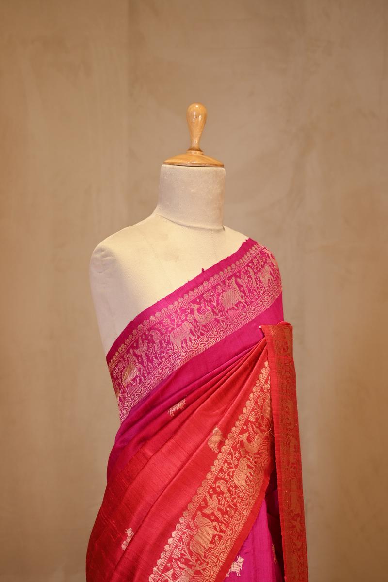 Red Banarasi Raw Silk Saree with Pichwai Cow Designs