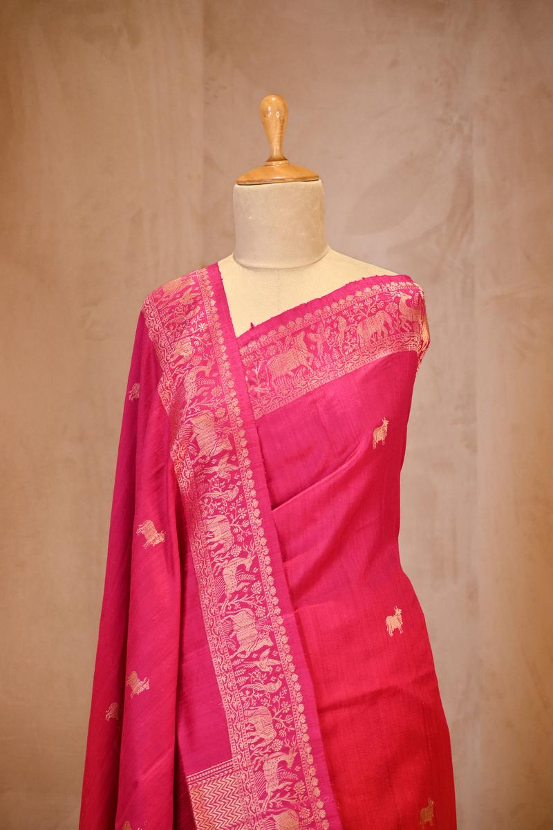 Red Banarasi Raw Silk Saree with Pichwai Cow Designs