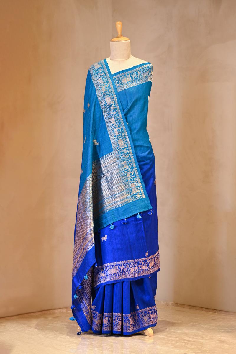 Blue Banarasi Raw Silk Saree with Pichwai Cow Designs