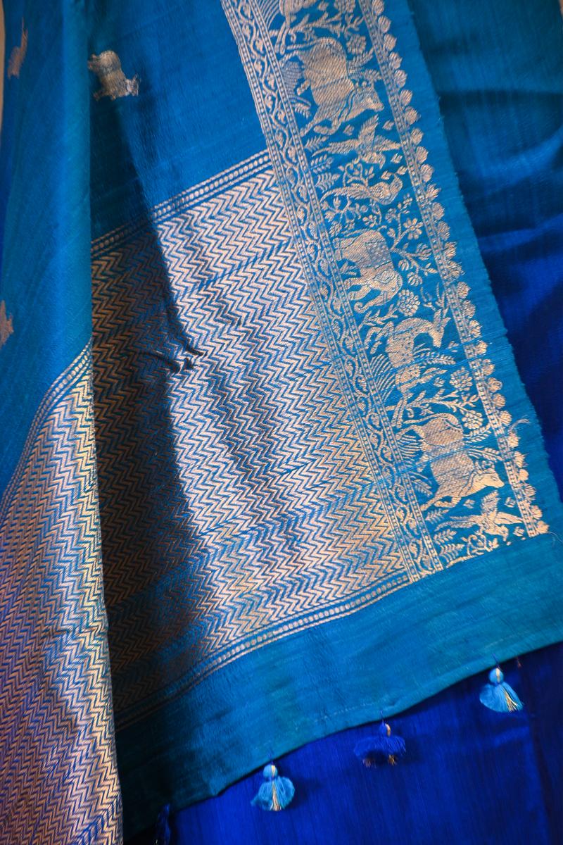 Blue Banarasi Raw Silk Saree with Pichwai Cow Designs