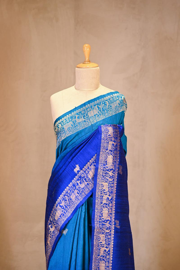 Blue Banarasi Raw Silk Saree with Pichwai Cow Designs