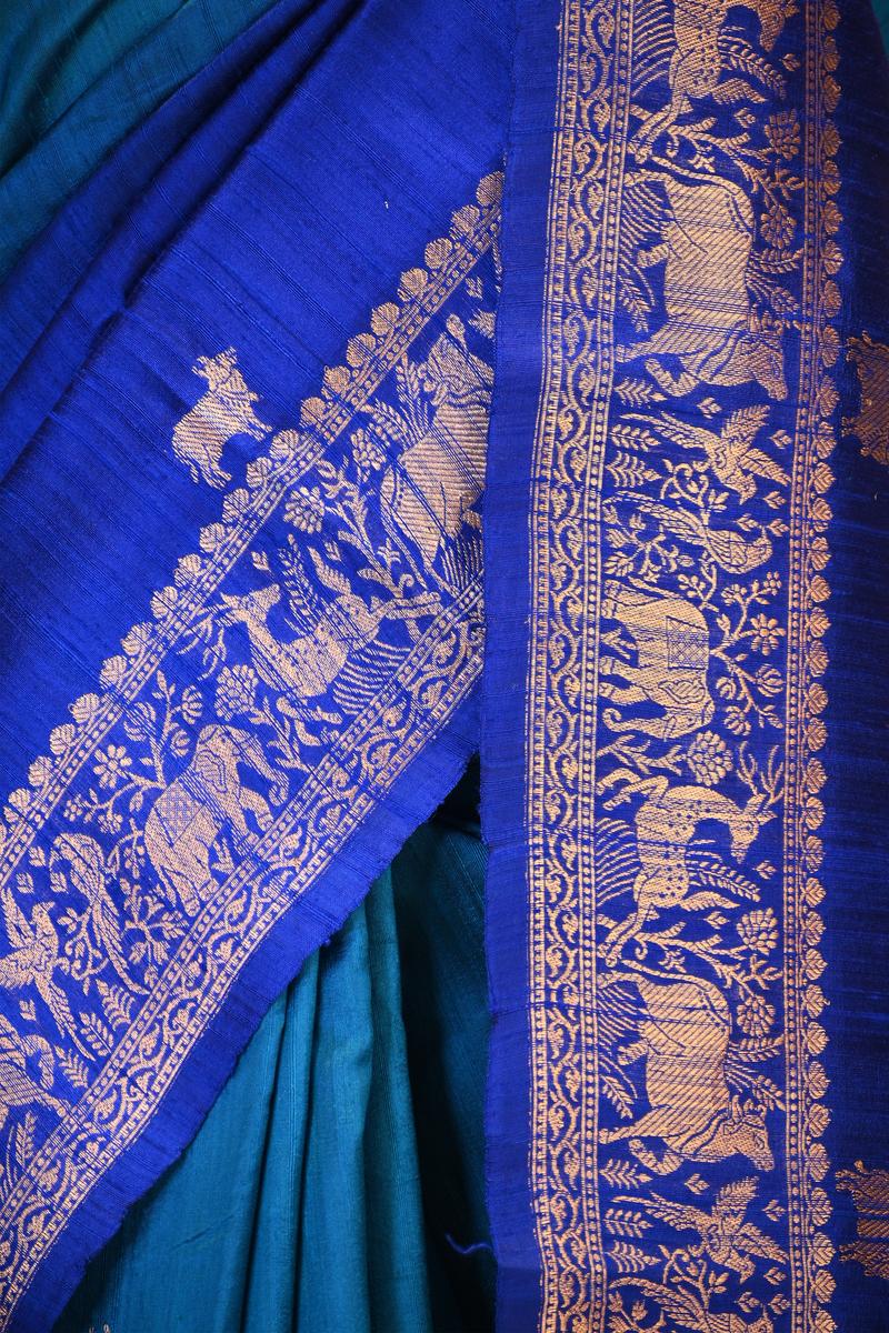 Blue Banarasi Raw Silk Saree with Pichwai Cow Designs