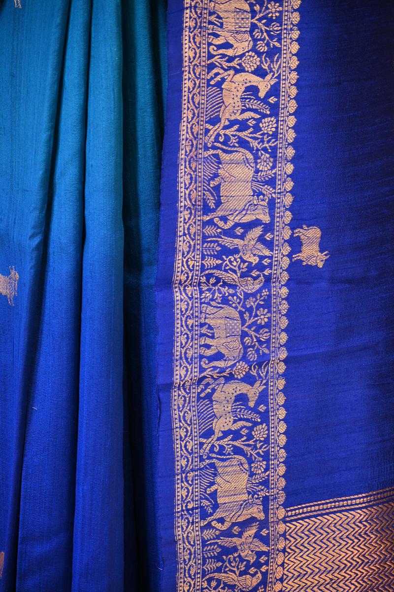 Blue Banarasi Raw Silk Saree with Pichwai Cow Designs