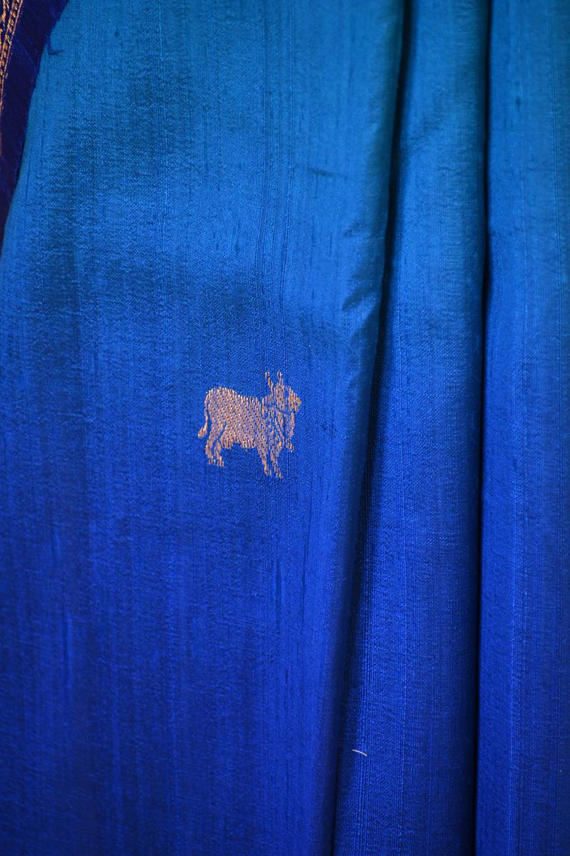 Blue Banarasi Raw Silk Saree with Pichwai Cow Designs