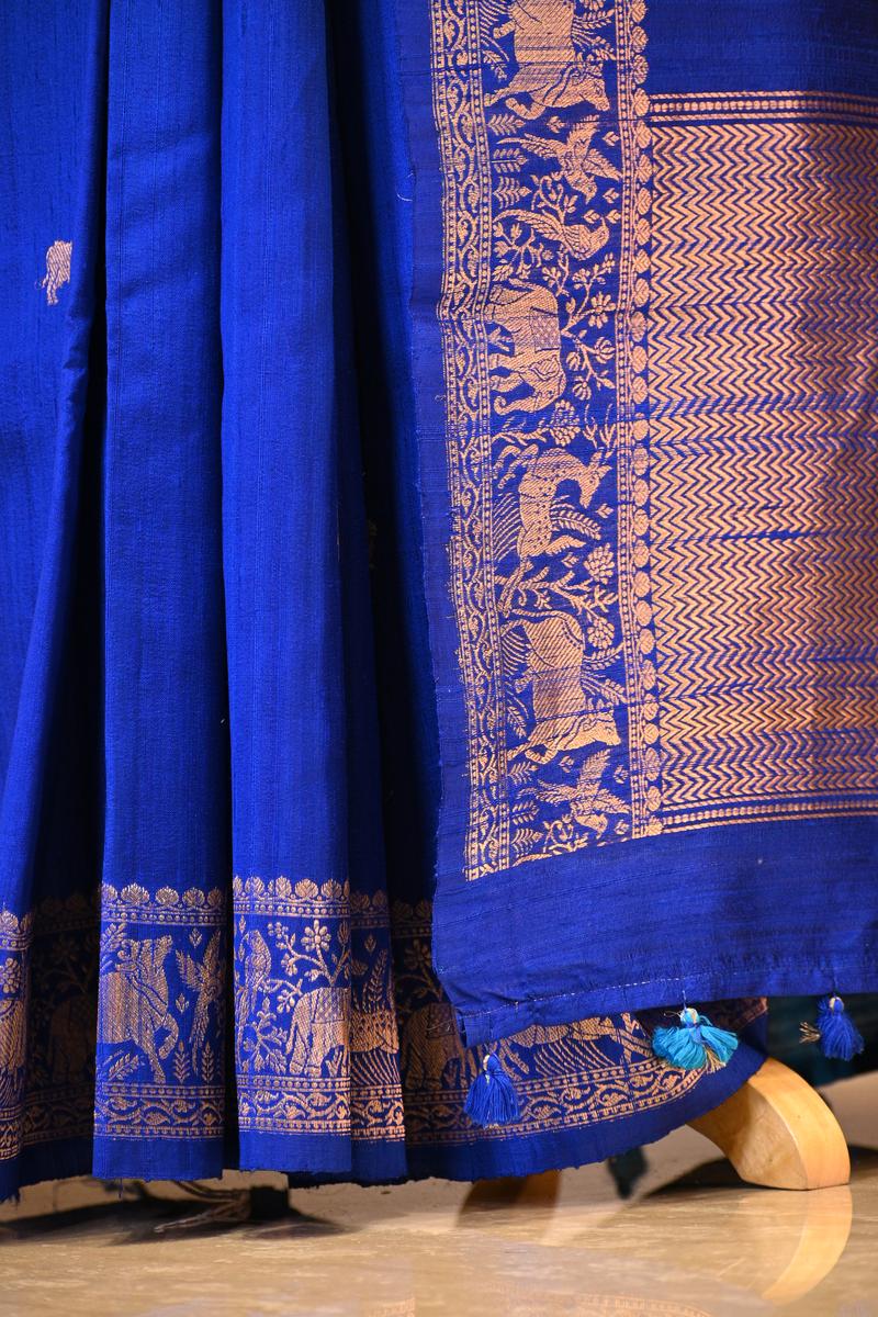 Blue Banarasi Raw Silk Saree with Pichwai Cow Designs