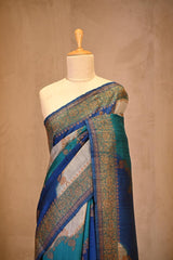 Blue Banarasi Rangkat Raw Silk Saree with Floral Leheriya Design