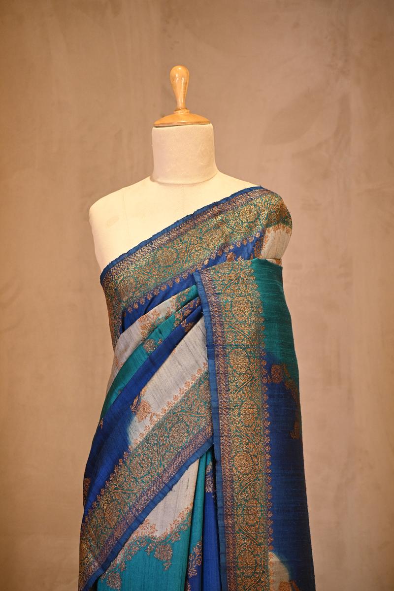 Blue Banarasi Rangkat Raw Silk Saree with Floral Leheriya Design
