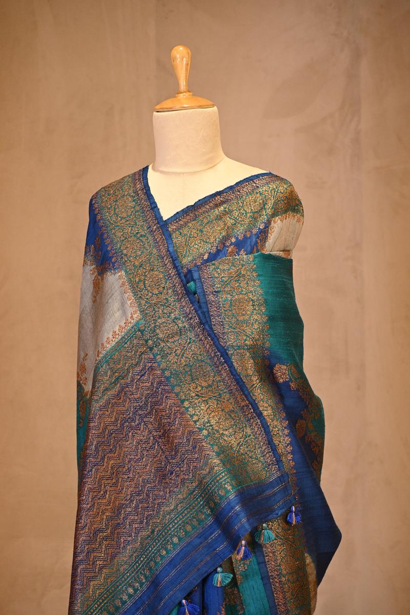 Blue Banarasi Rangkat Raw Silk Saree with Floral Leheriya Design