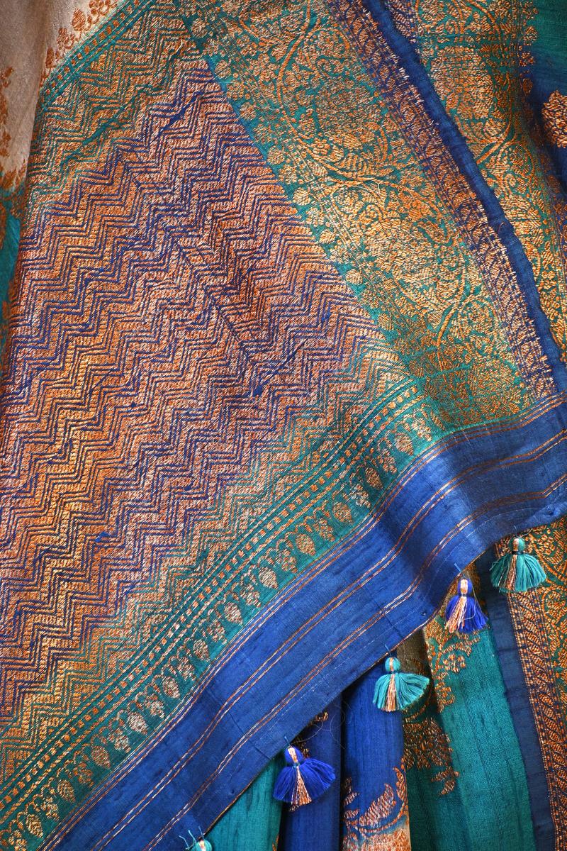 Blue Banarasi Rangkat Raw Silk Saree with Floral Leheriya Design