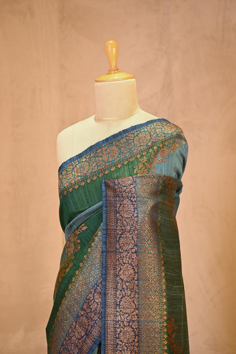 Green Banarasi Rangkat Raw Silk Saree with Floral Leheriya Design
