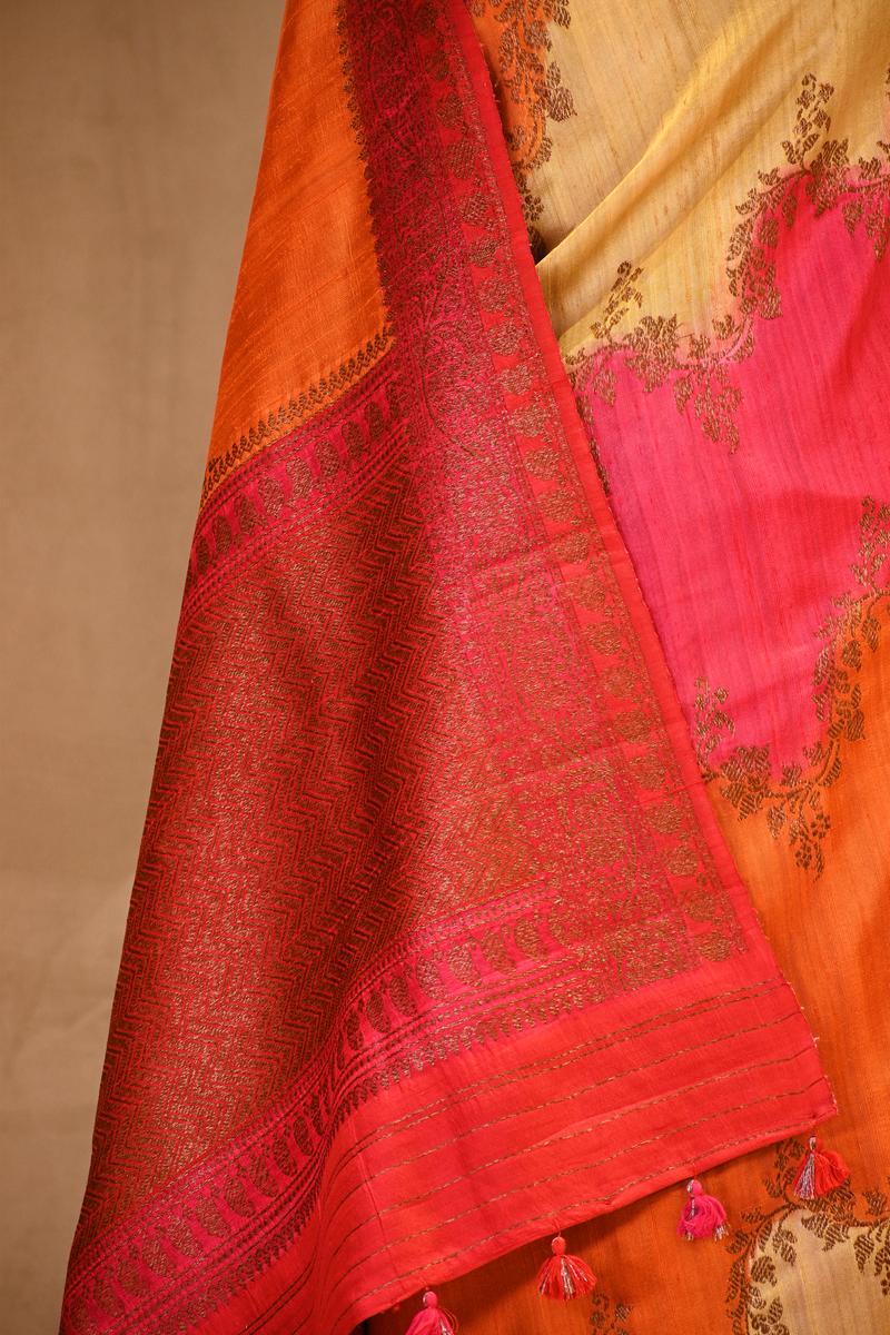 Red Rangkat Banarasi Raw Silk Saree with Floral Design