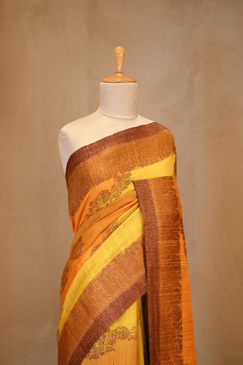 Yellow Rangkat Banarasi Raw Silk Saree with Floral Design