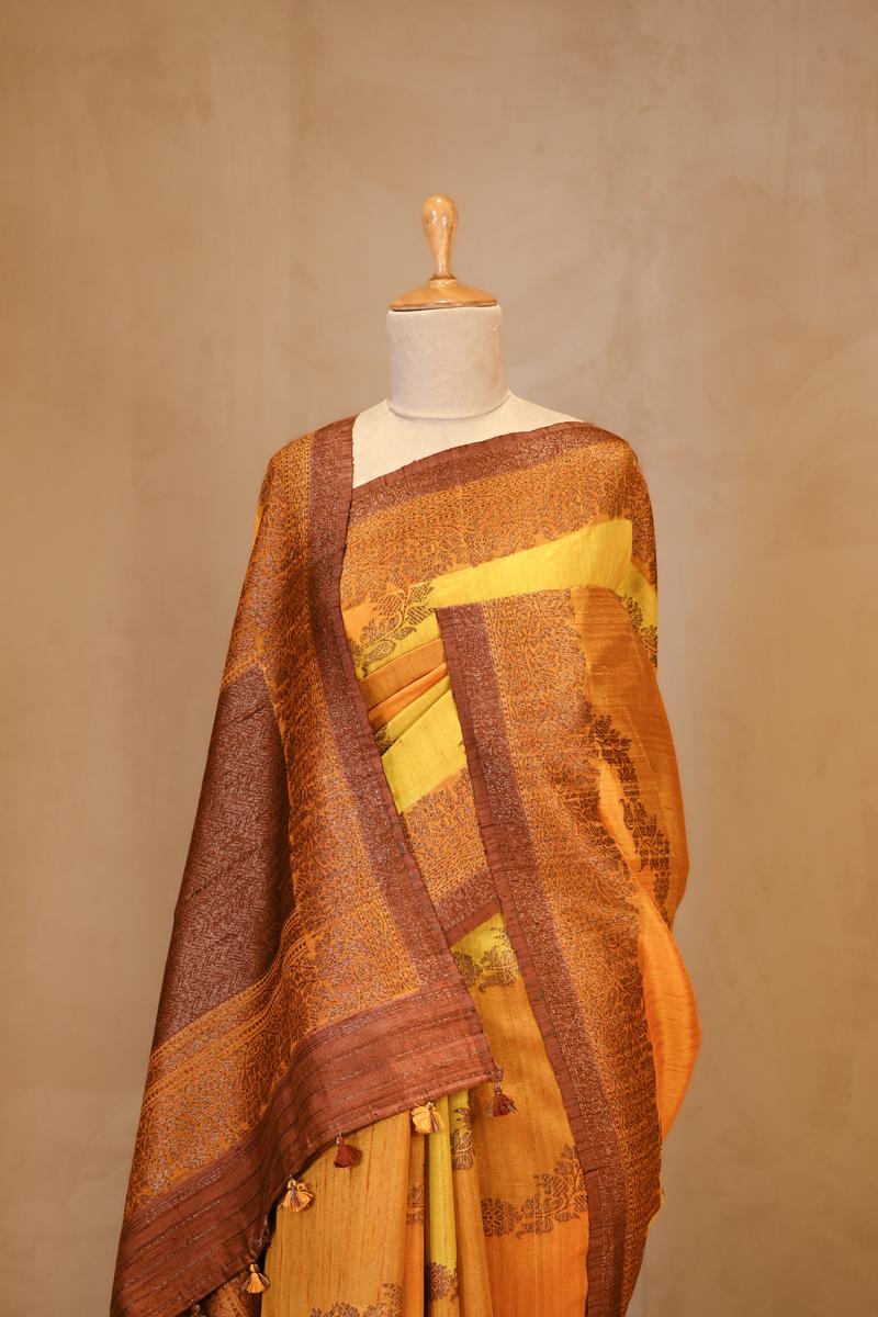 Yellow Rangkat Banarasi Raw Silk Saree with Floral Design