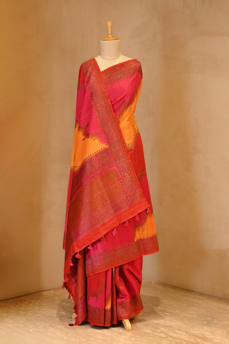 Red Rangkat Banarasi Raw Silk Saree with Floral Design