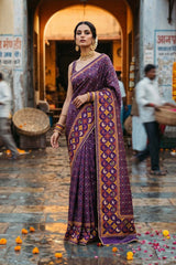 Purple Patola Printed Embellished Raw Silk Saree with Aari and Beads Work