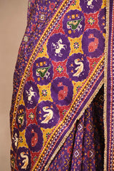 Purple Patola Printed Embellished Raw Silk Saree with Aari and Beads Work