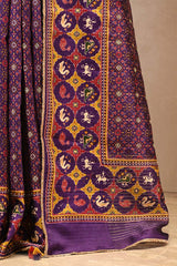 Purple Patola Printed Embellished Raw Silk Saree with Aari and Beads Work