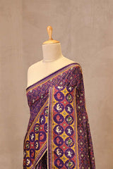 Purple Patola Printed Embellished Raw Silk Saree with Aari and Beads Work