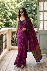 Dark Magenta Raw Silk Saree with Floral Buta