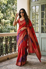 Red Raw Silk Saree with Antique Zari Leheriya