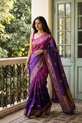 Purple Raw Silk Saree with Antique Zari Aghanya Motifs