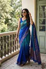 Blue Raw Silk Saree with Antique Zari Deer Motifs