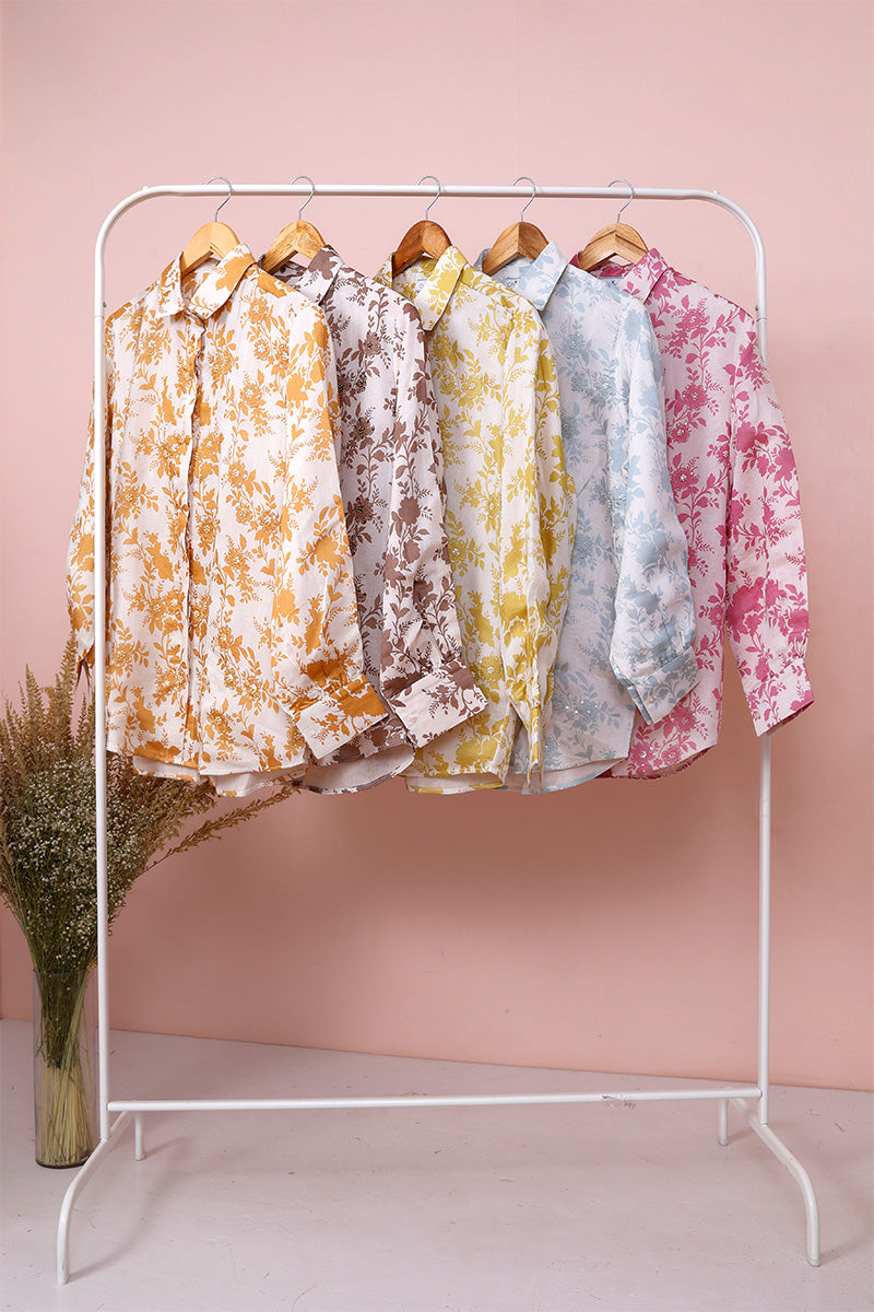 White & Brown Floral Printed  Chanderi Silk Co-Ord Set