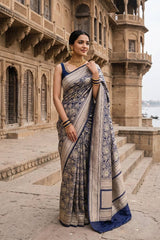 Deep Blue Banarasi Silk Saree with Rose Floral Jaal Work