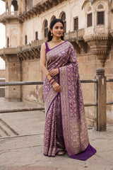 Wine Banarasi Katan Silk Saree with Shikargah Woven Work