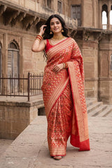 Red Banarasi Katan Silk Saree with Meenakari Bird-Elephant Motifs