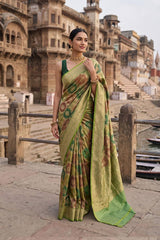 Lime Green Katan Silk Rangkat Saree with Gold Zari