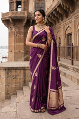 Wine Mashru Banarasi Silk Saree with Zari Floral Sprigs