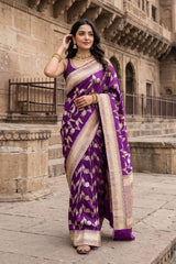 Deep Purple Banarasi Silk Saree with Wavy Zari Weave