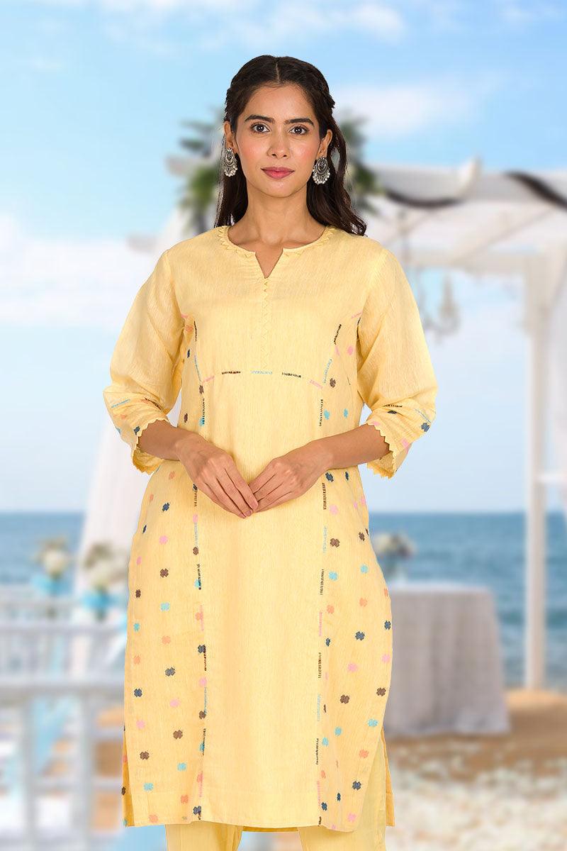 Yellow Woven Cotton Kurta Pant Set - Chinaya Banaras